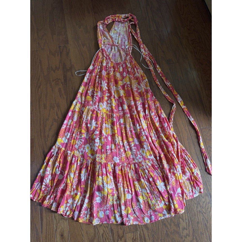Aakaa Floral Halter Maxi Dress Sz S Boho Open Back Pink Retro Festival Rayon - Picture 3 of 9